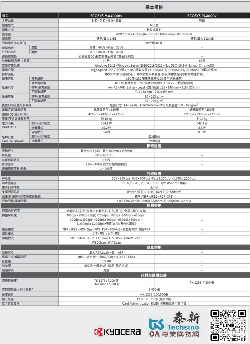 Kyocera ECOSYS MA4000fx 數位影印 網路列印 彩色掃描(傳真PC-FAX)class=